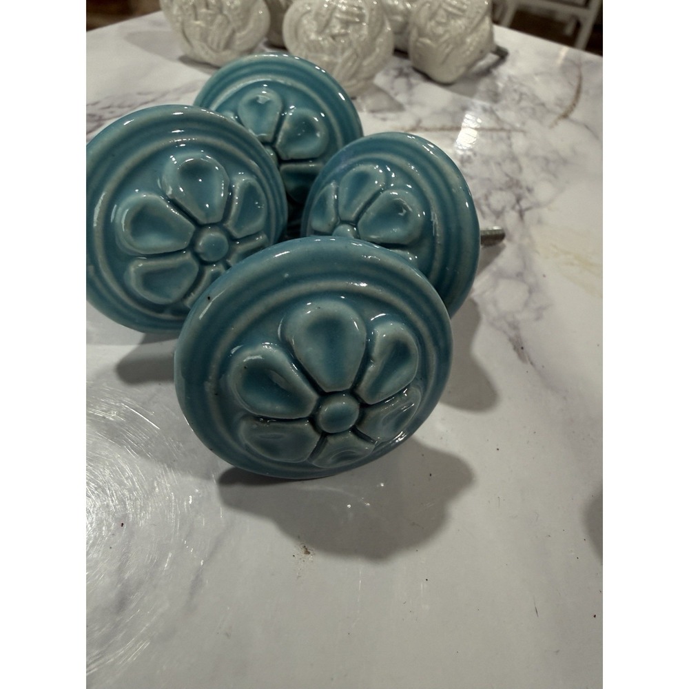 6 Pc Turquoise Floral Ceramic Cabinet Knobs Drawer Pulls Cupboard Door Handles
